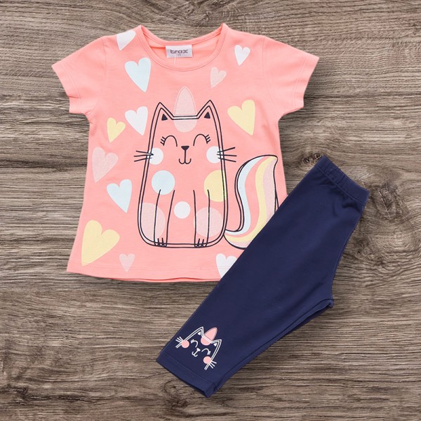 Σετ κολάν κάπρι - μπλούζα κοντομάνικη με σχέδιο γατούλα, ροζ candy - μπλε